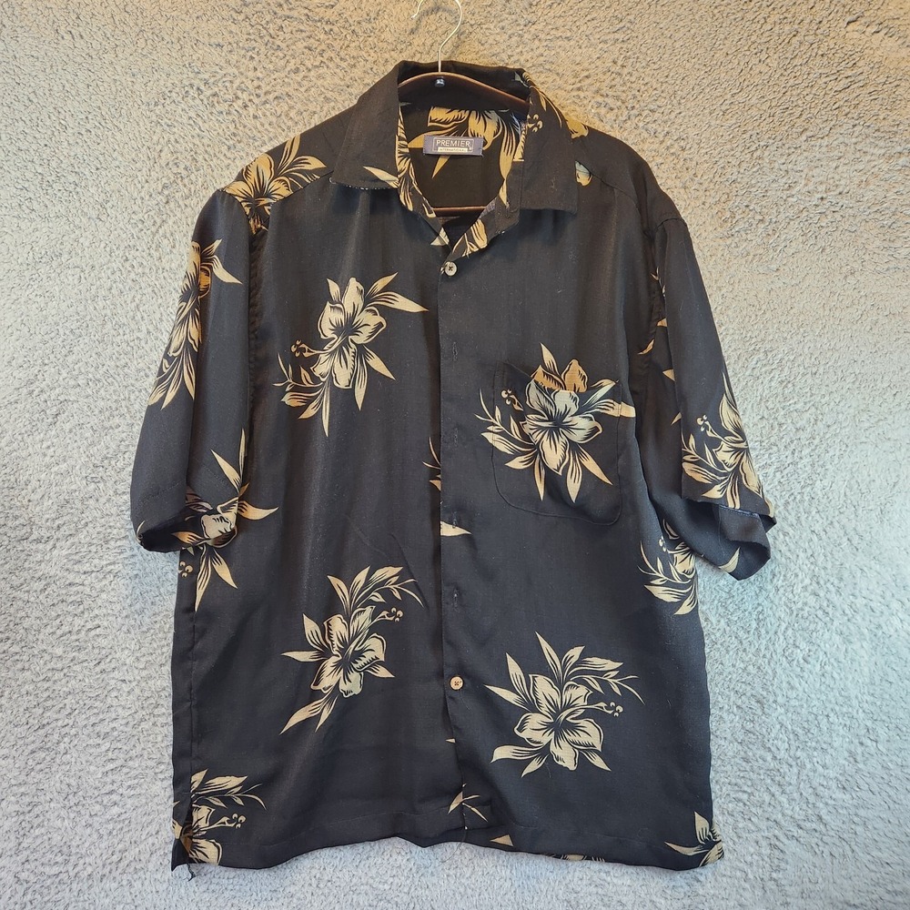 Premier International Hawaiian Shirt Men's L Black Floral Short Sleeve Button-Up